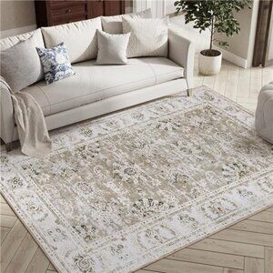 Washable Area Rug 4x6 Low Pile Bedroom Rug Indoor - Taupe Floral Print Stain